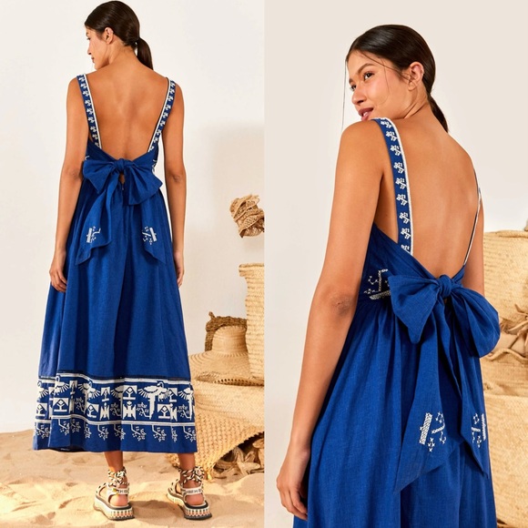 Farm Rio Navy Macaw Embroidered Maxi Dress Navy blue